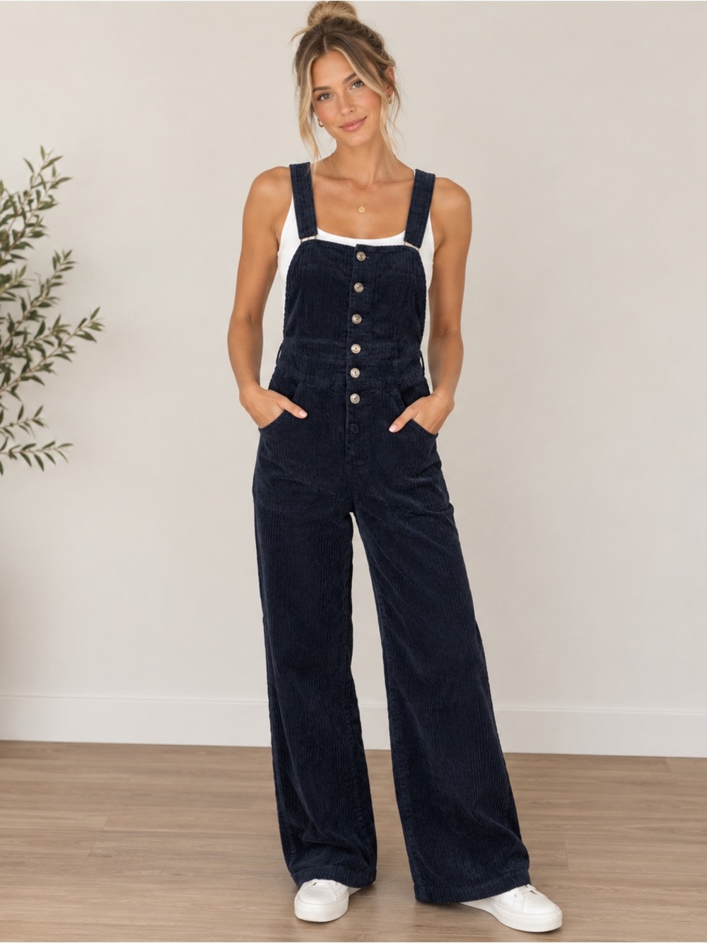 Loveriche Black Corduroy Button-Front Overalls Jumpsuit Size Small